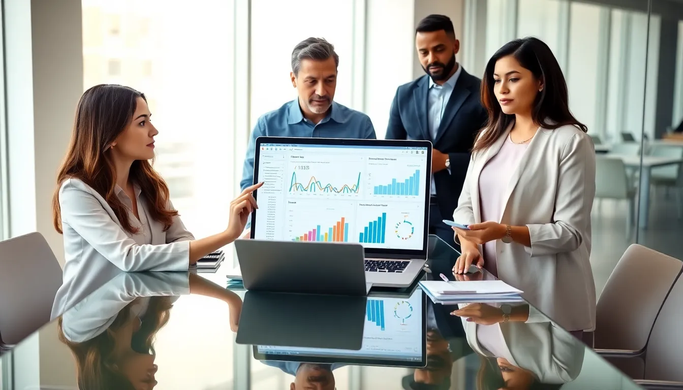 diverse team discussing data analytics in a modern office.