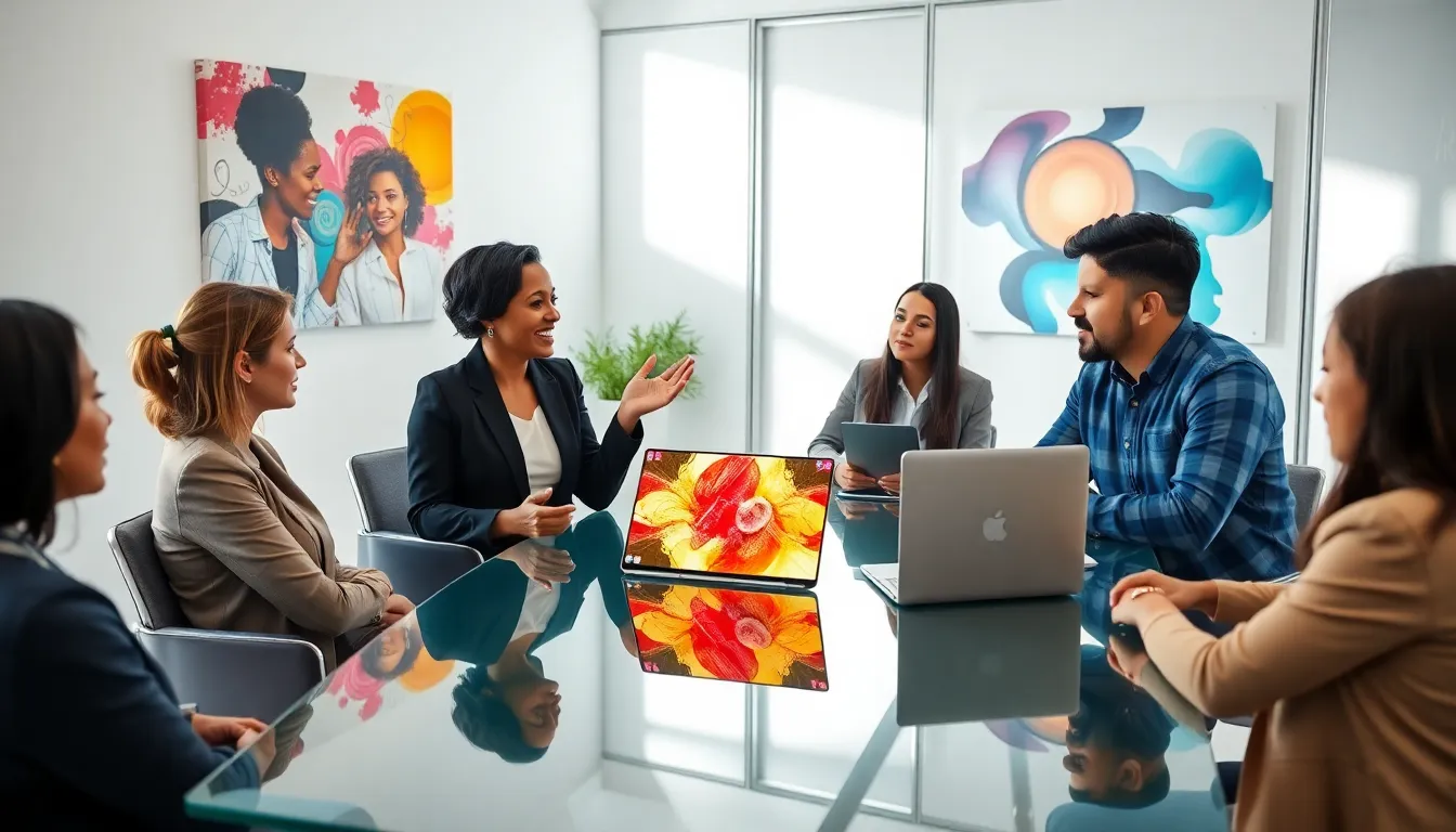 diverse professionals discussing Ssongssong40 in a modern office.