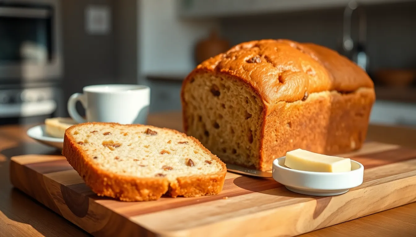 freshly sliced Cookiesforlove Bread with butter and coffee in a cozy setting.