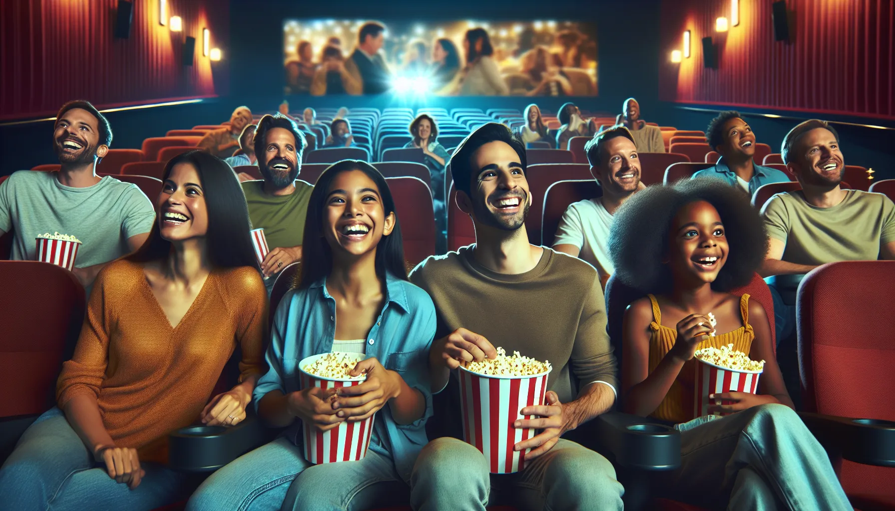 diverse audience enjoying a funny adventure movie in a modern cinema.