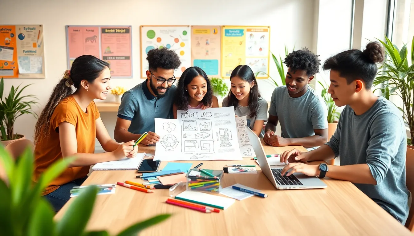 diverse students collaborating in a modern alternative education classroom.