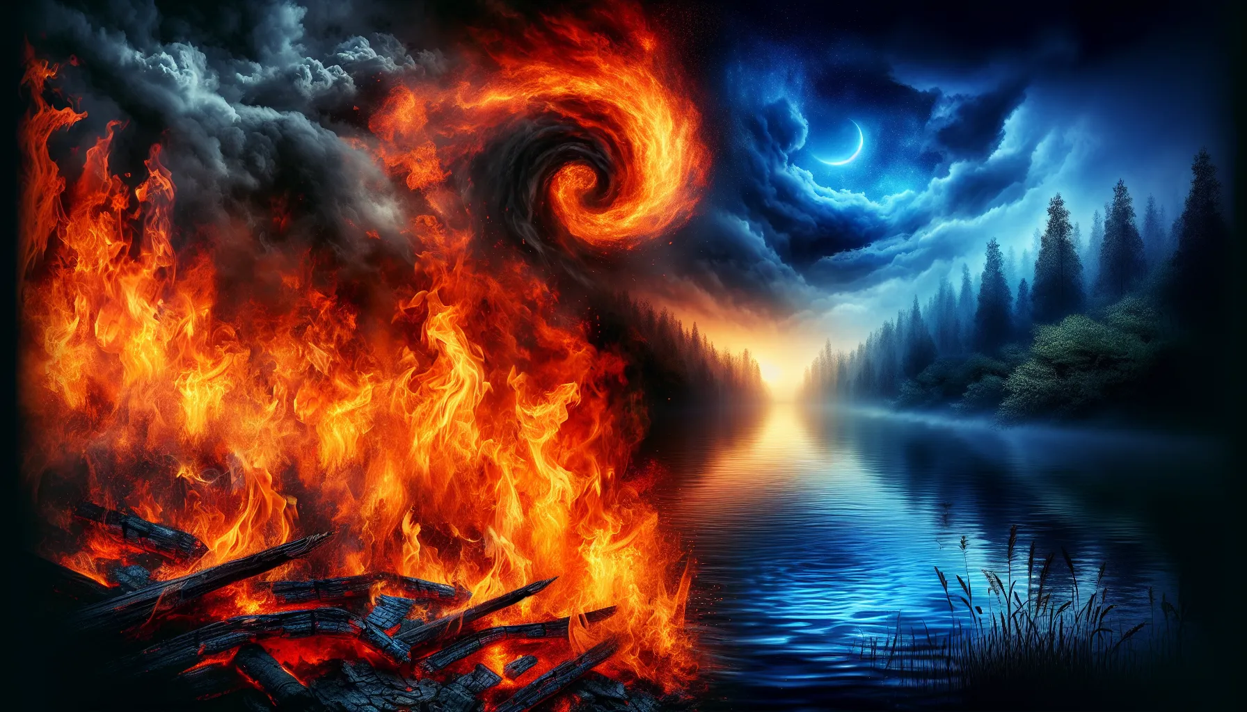 a dramatic representation of fire and water colliding in twilight.