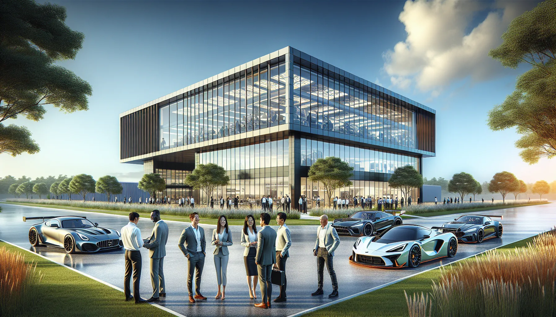 Iodaracing headquarters with a diverse team discussing racing vehicles.