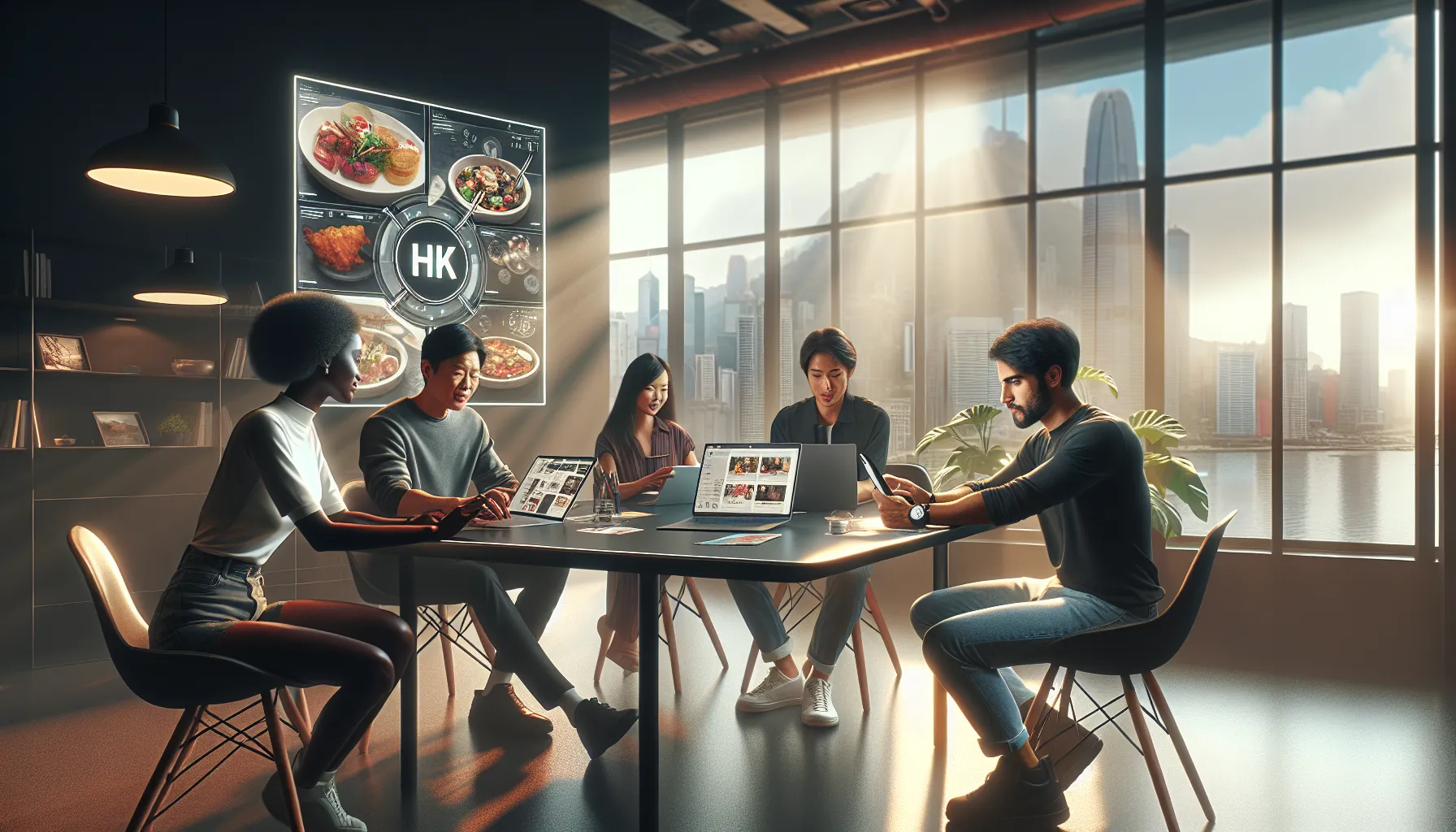 diverse group discussing HK culture in a modern workspace.