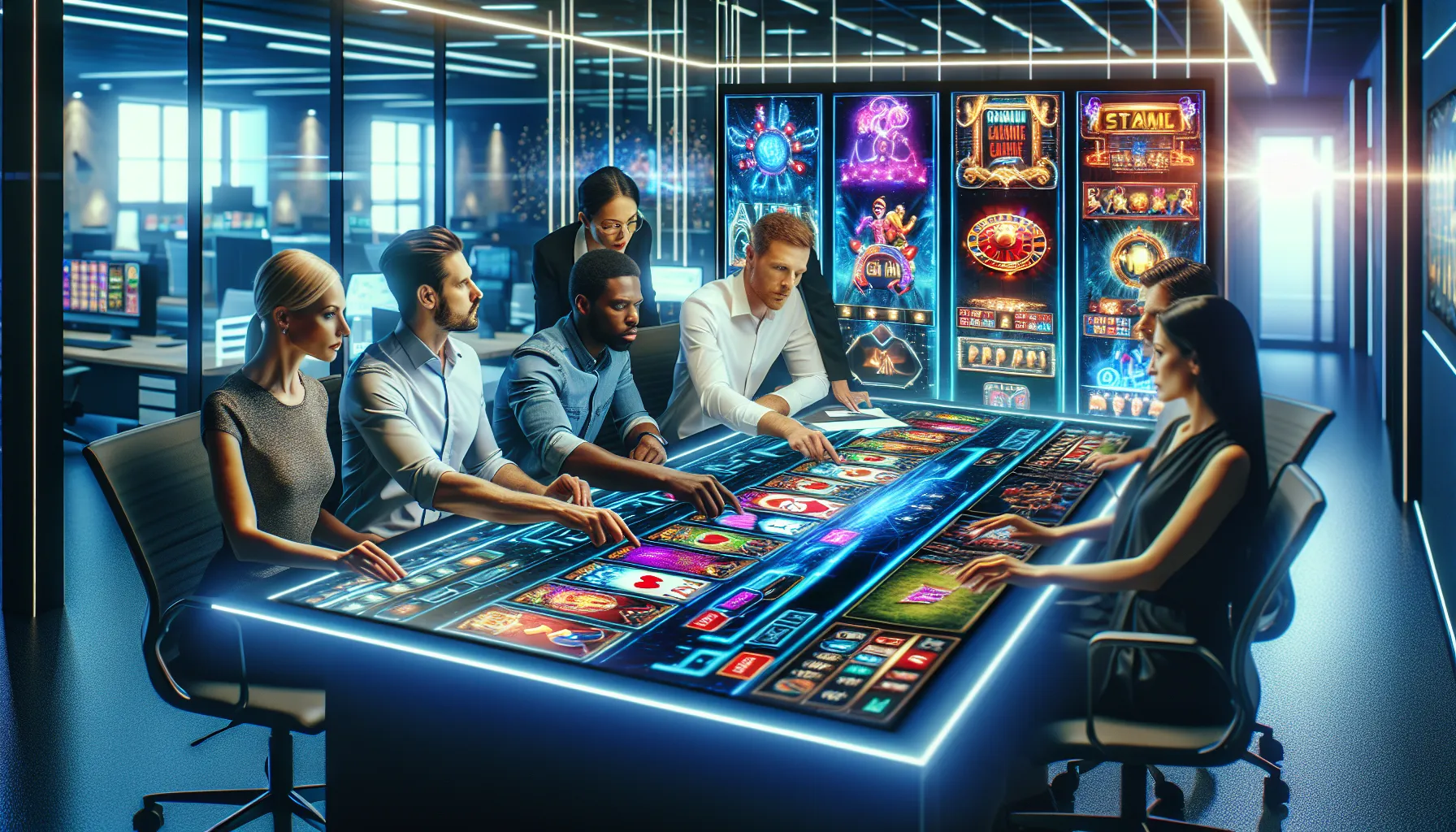 Modern workspace showcasing online casino game graphics with a professional team collaborating.