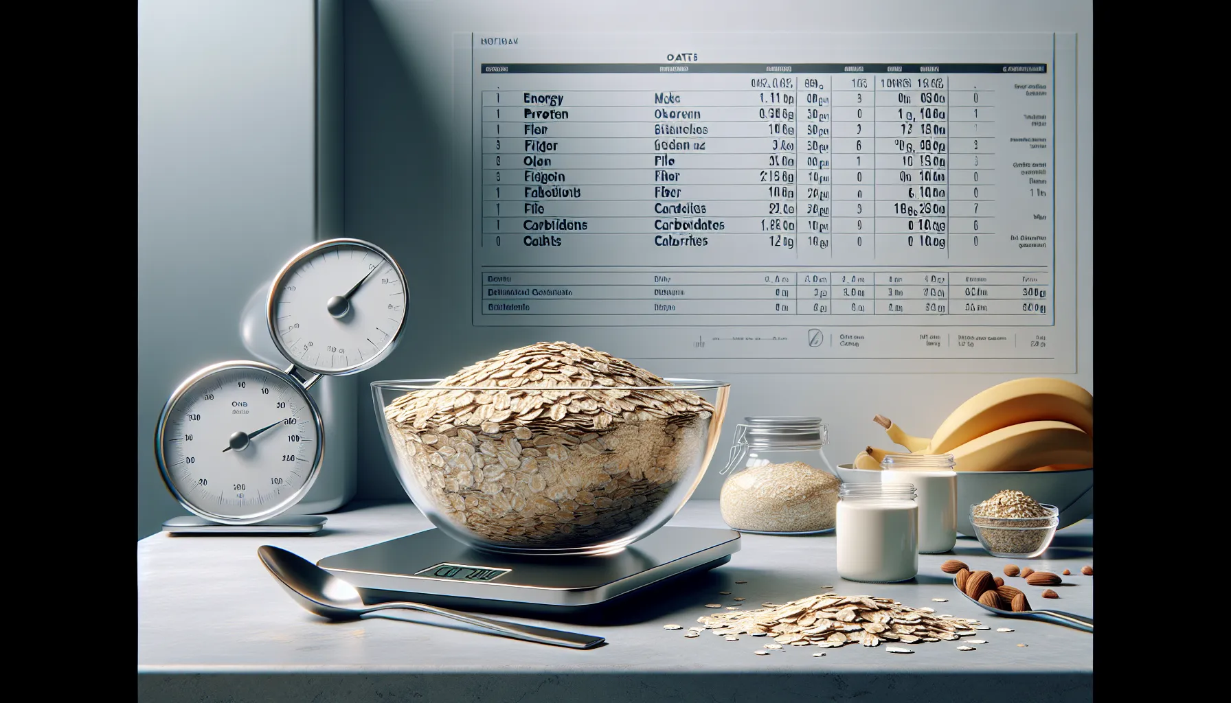 Bowl of oat flakes on a digital scale with nutrition chart background.