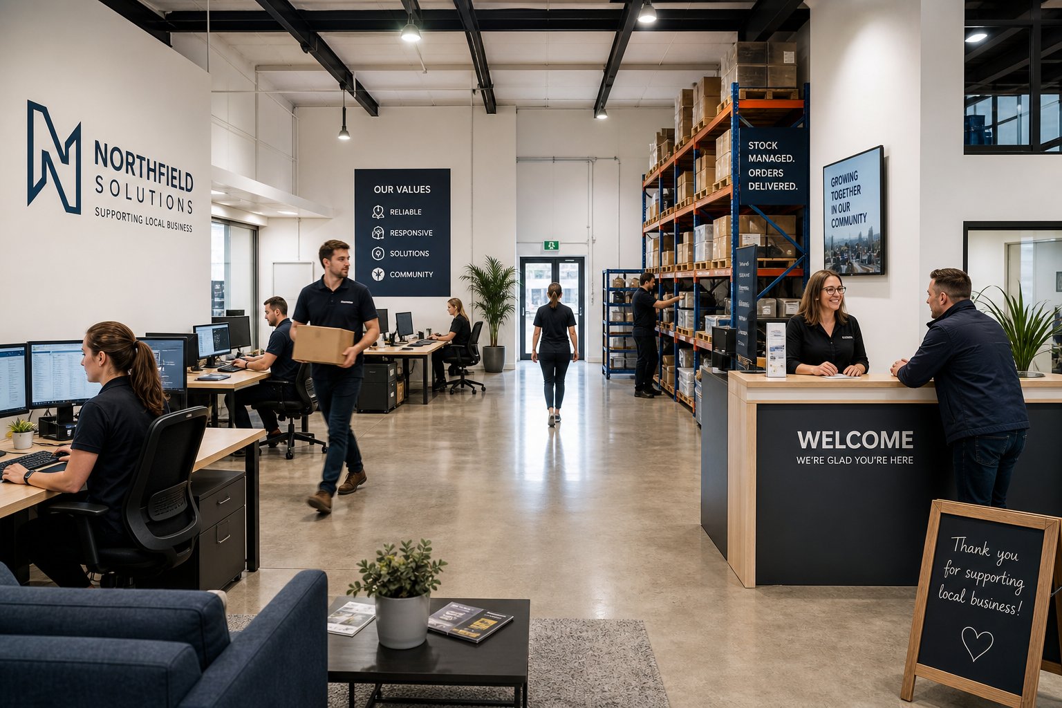 Expanded commercial premises with active staff, workspace, and customer reception area.