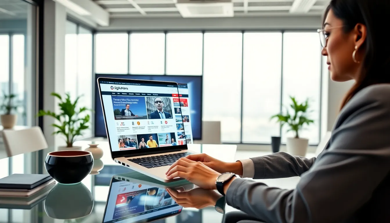 person engaging with DigitalNewsAlerts.com on a laptop in a modern office.
