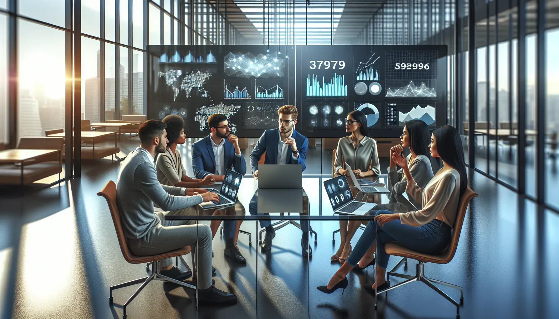 diverse professionals discussing data analytics in a modern office.