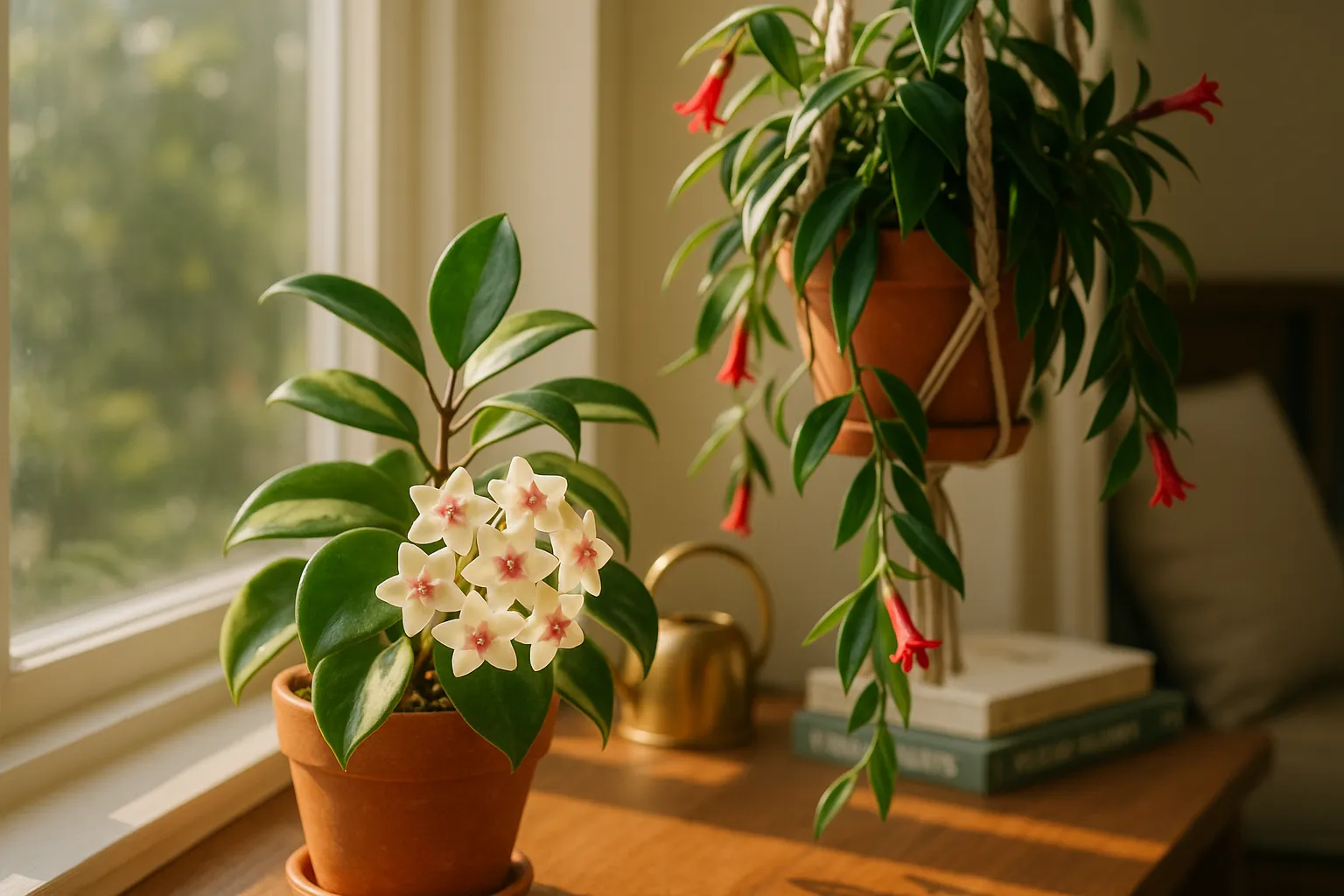 Hoya with star-shaped blooms beside a trailing lipstick plant with red tubular flowers.