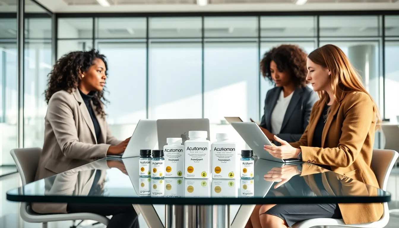 diverse team discussing Acutromon supplement in a modern office.
