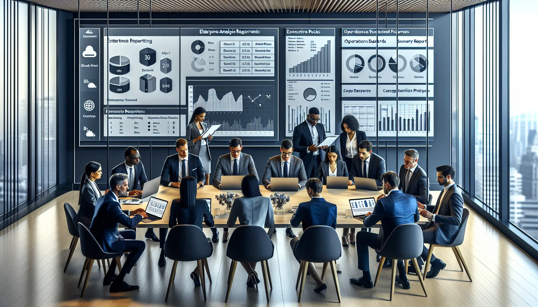 Analytics team evaluating Power BI tutorial PDFs for enterprise reporting in a modern office.