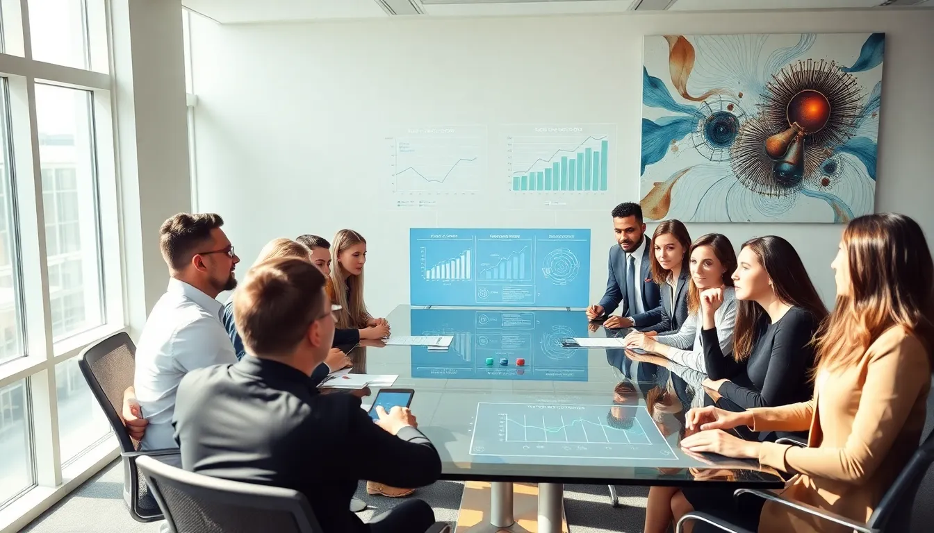 diverse team brainstorming future predictions in a modern office