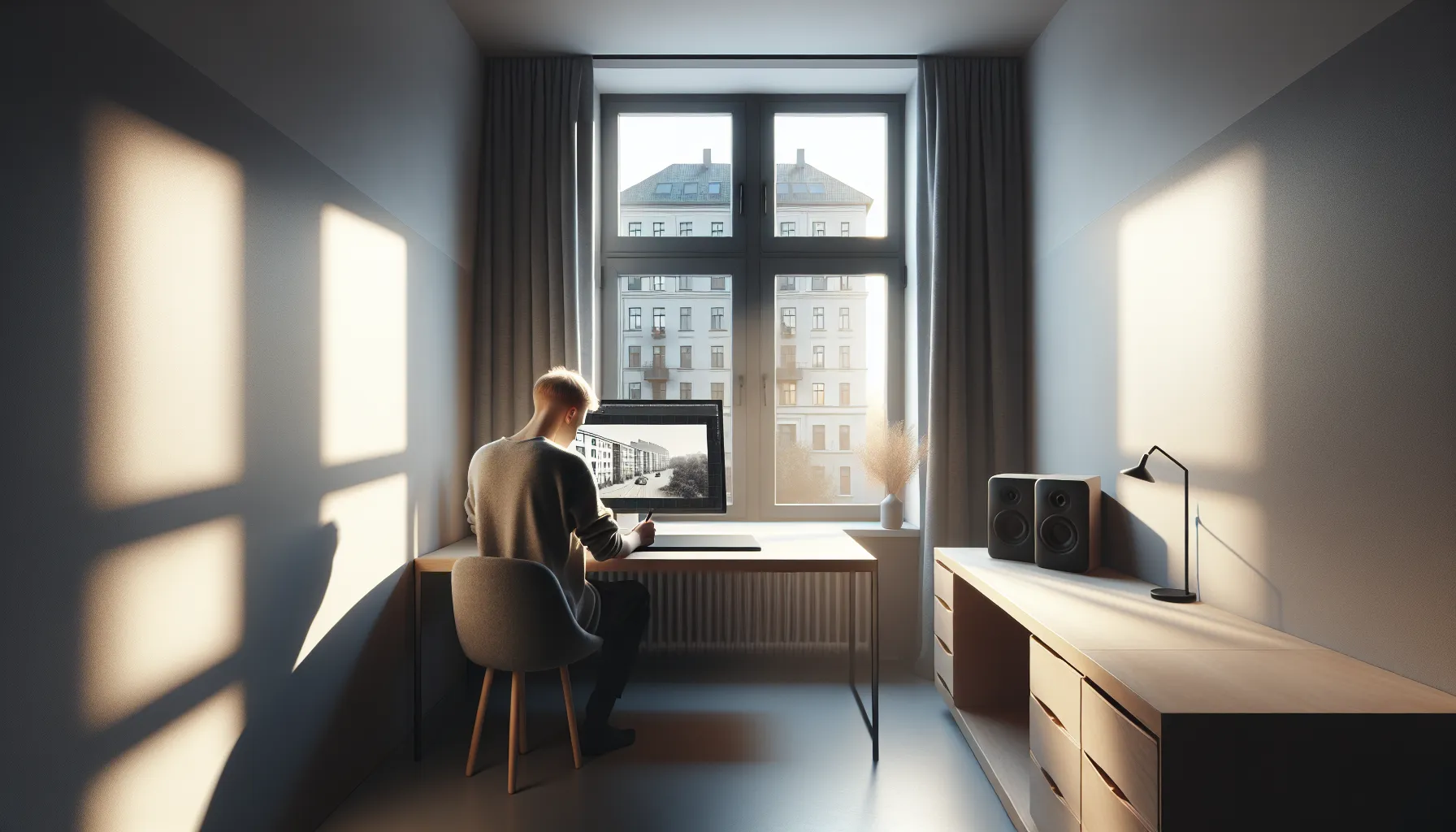 Young norwegian adult planning a quiet home studio layout in a small room.