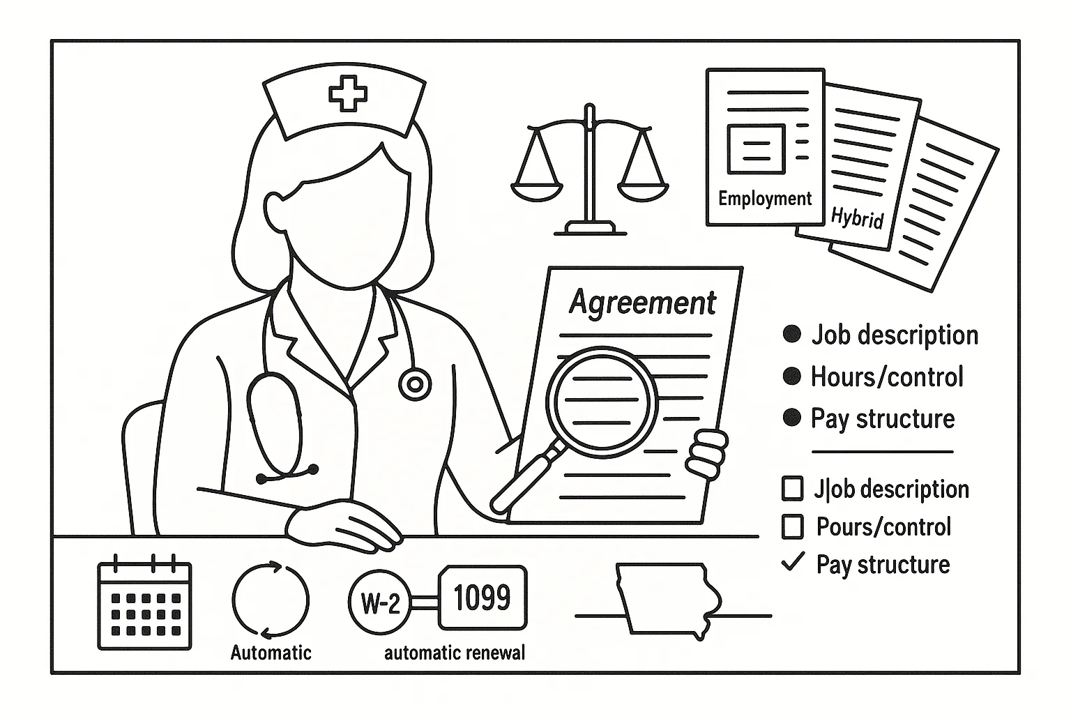 Nurse practitioner examining a contract with icons for employment type and terms.