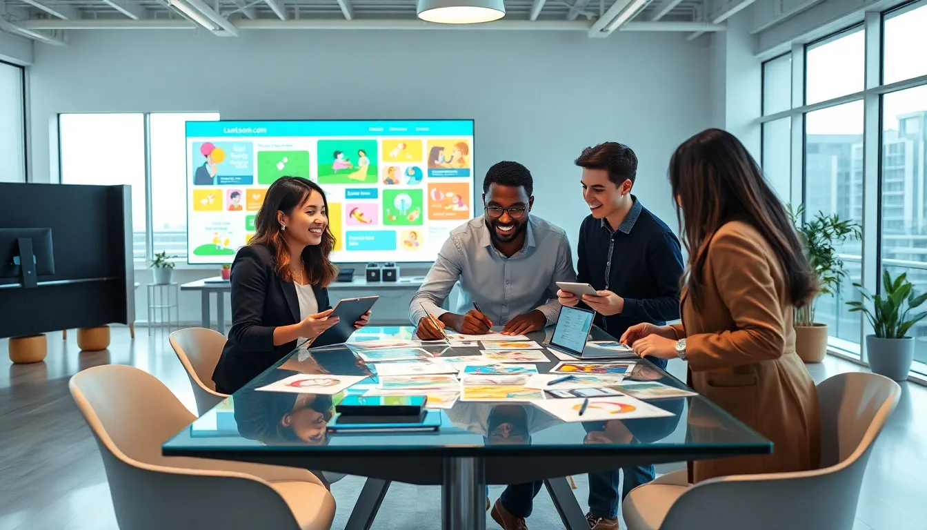 diverse creative team collaborating on a Luratoon.com project in a bright office.