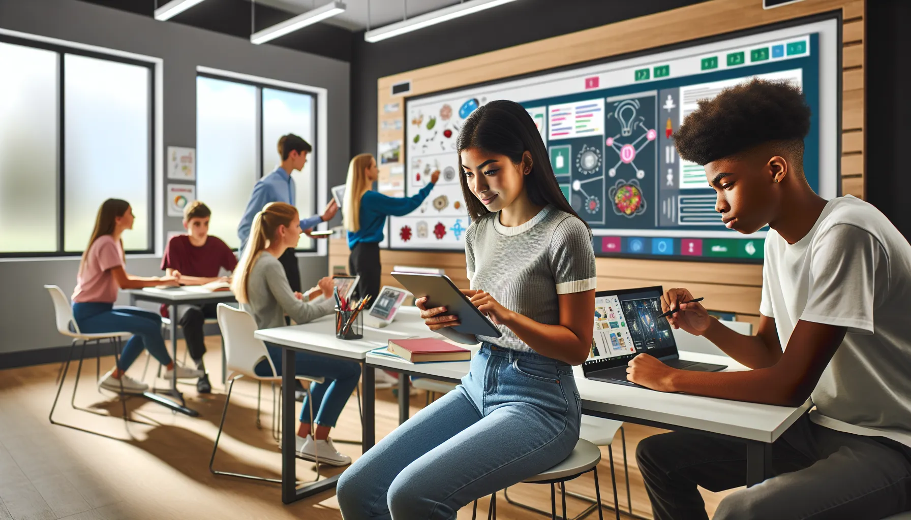 Students using technology to support diverse learning styles in a classroom.