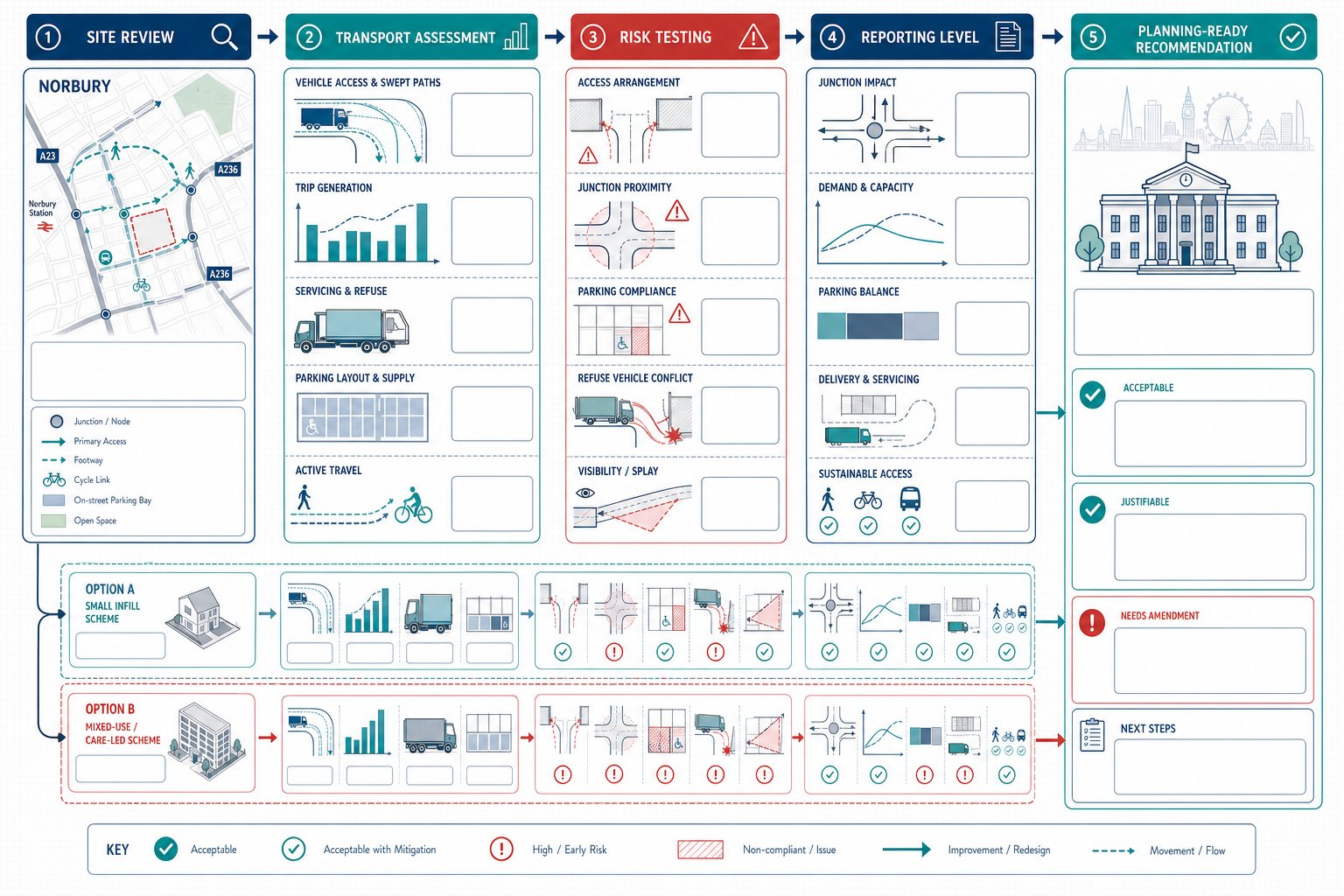 Traffic engineering planning workflow for development proposals in Norbury, London.