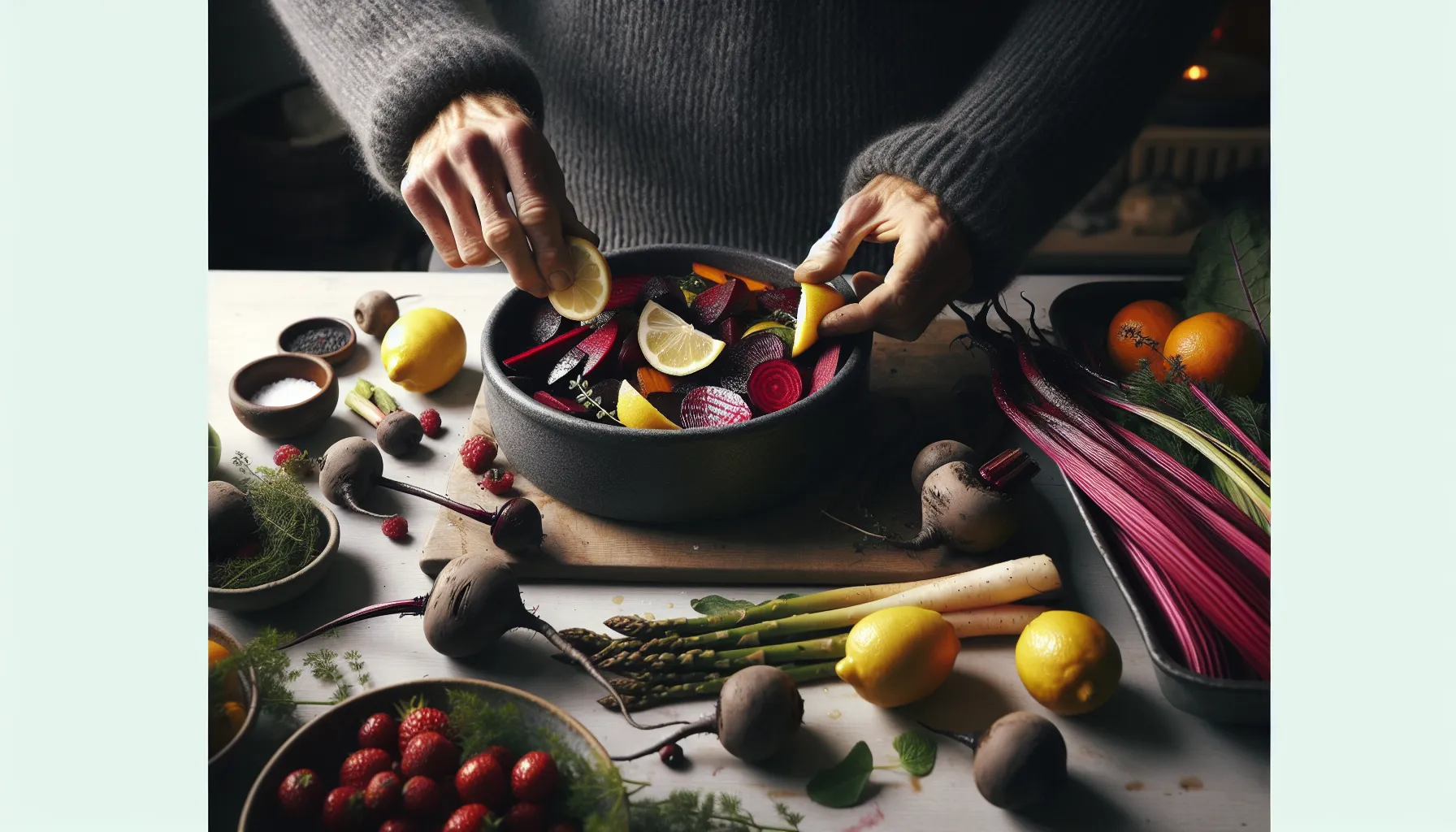 Hand squeezing lemon over roasted beets amid colorful seasonal norwegian produce.