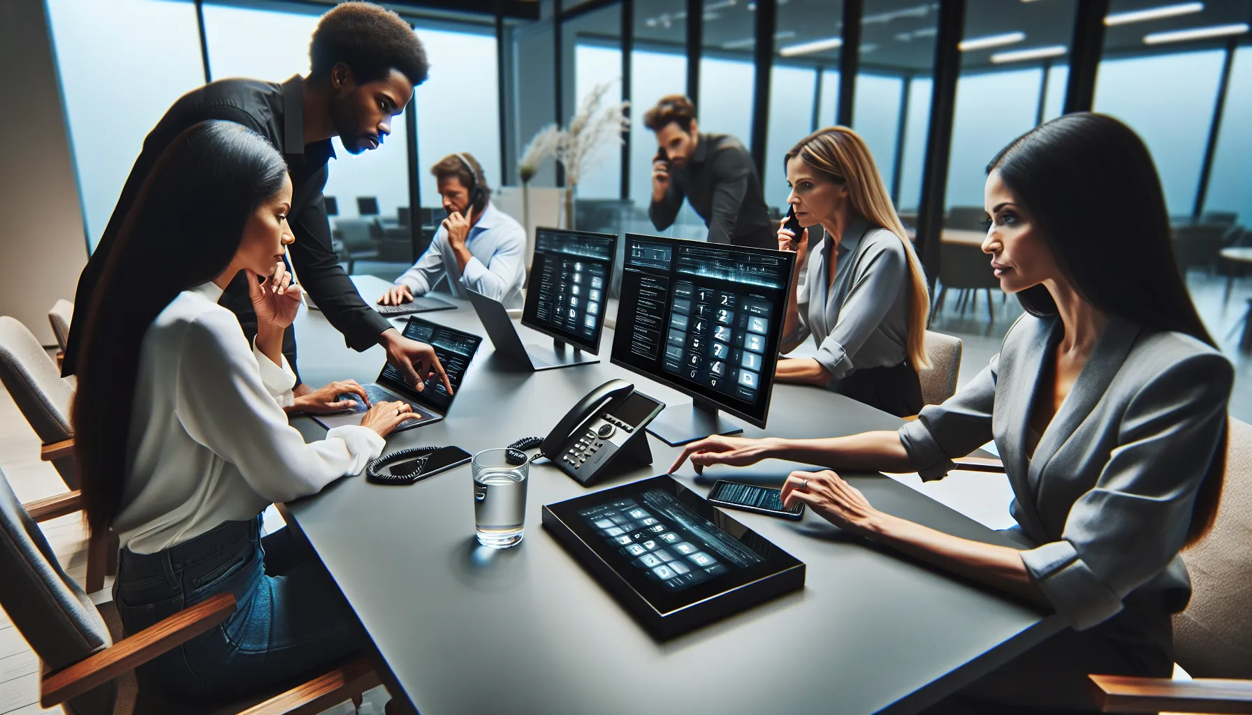 professionals discussing caller identification tools in a modern office.