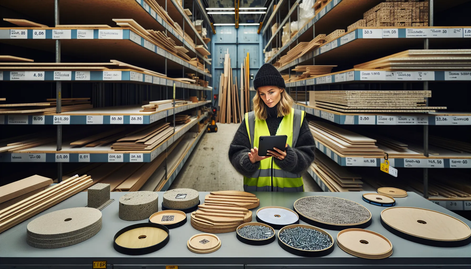 Norwegian architect reviewing circular materials and labeled components in a reuse workshop.