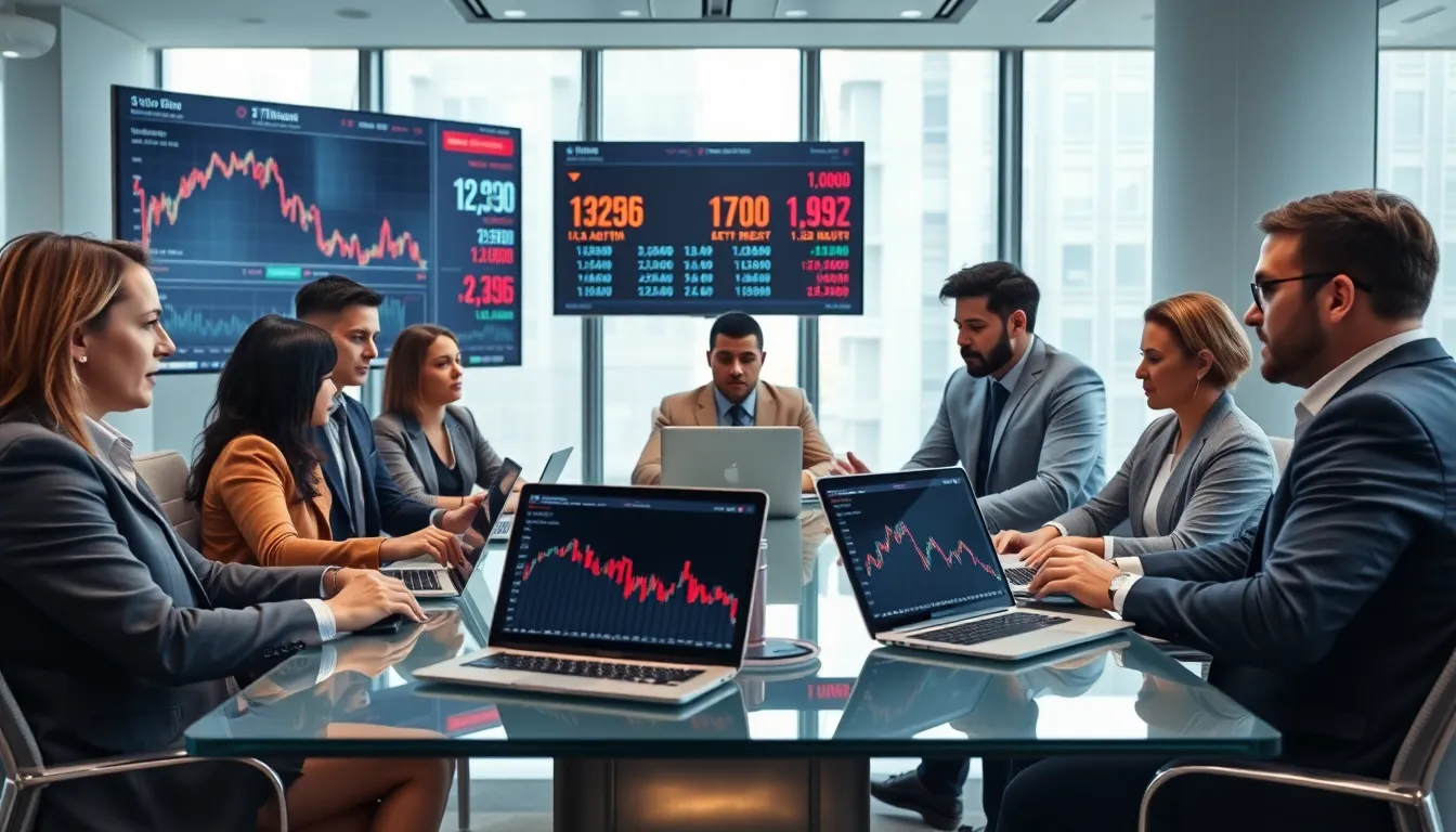 financial analysts discussing cryptocurrency trends in a modern office.