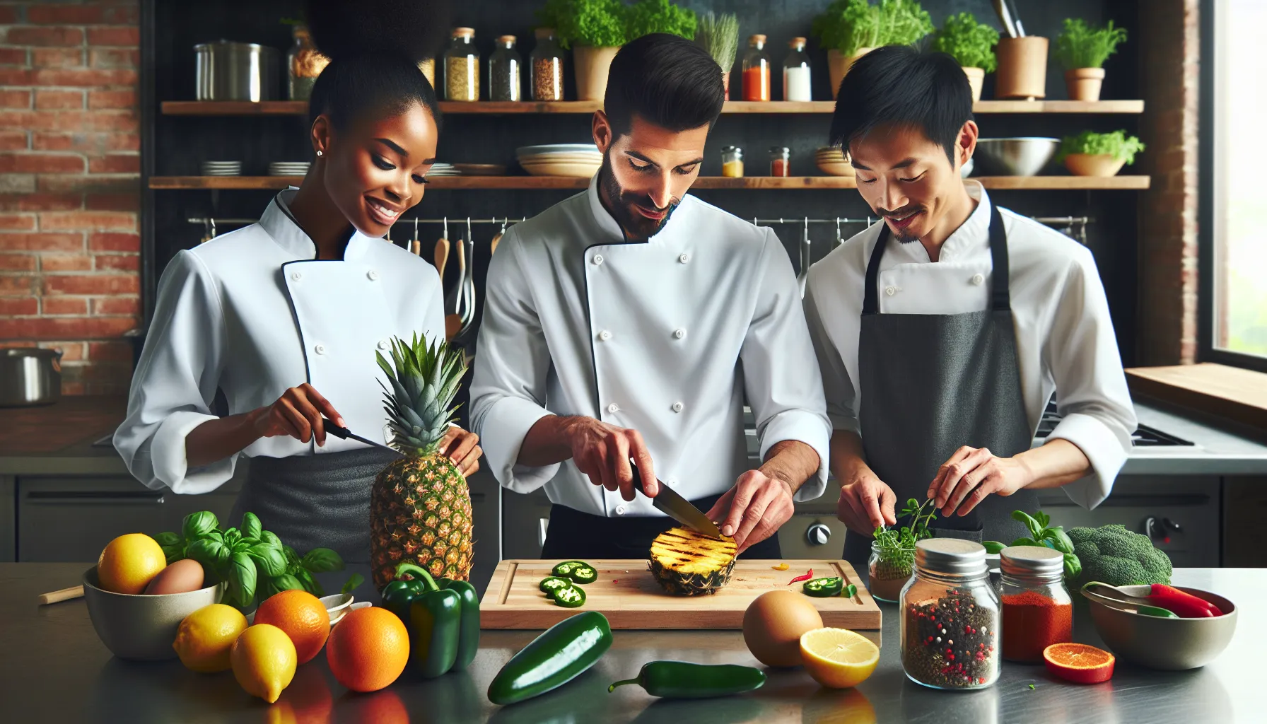 chefs experimenting with bold flavor combinations in a modern kitchen.