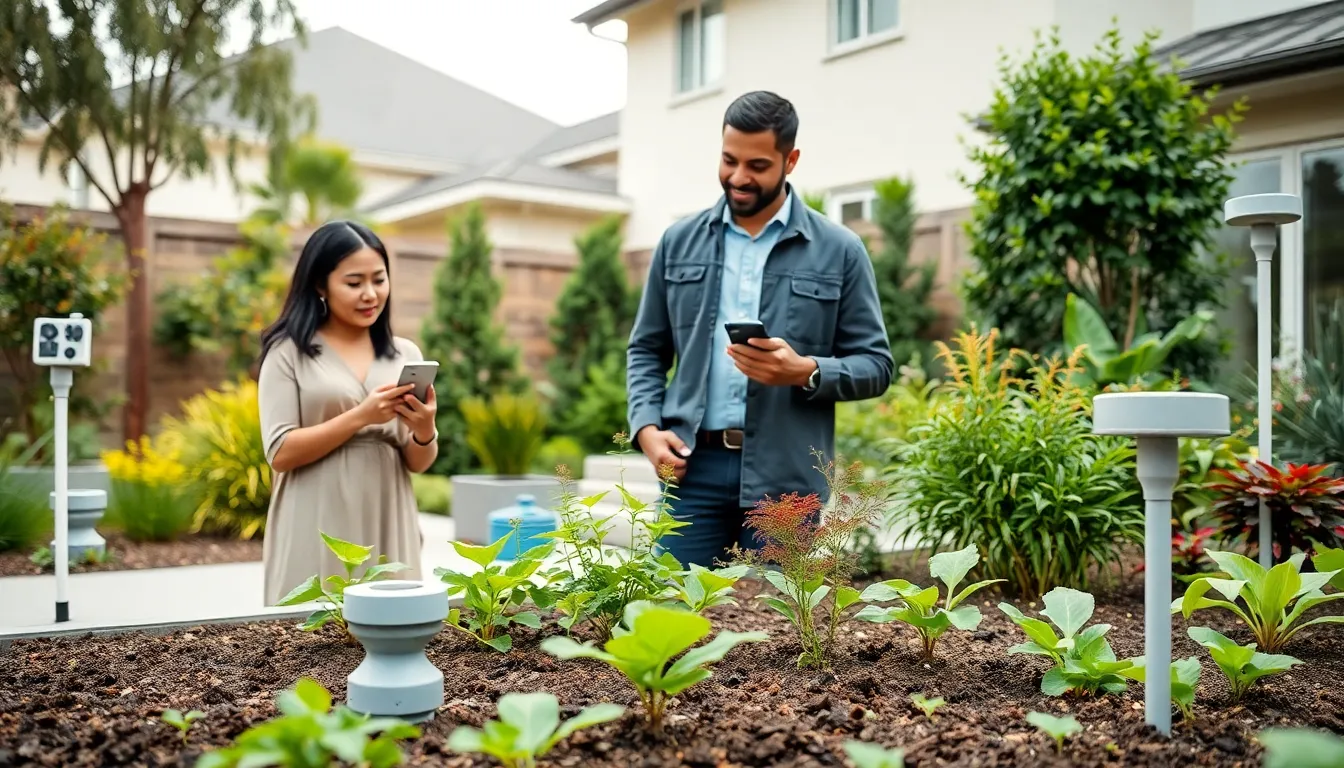 homeowners managing smart irrigation technology in a modern garden.