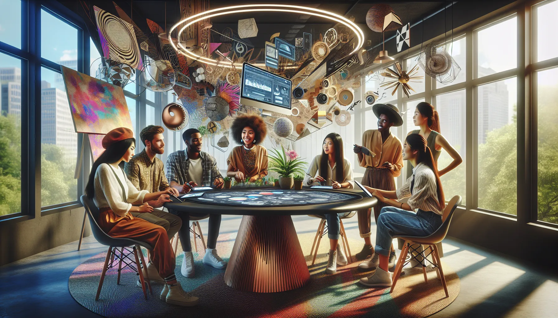 diverse team collaborating on hollsangg innovation in a modern workspace.