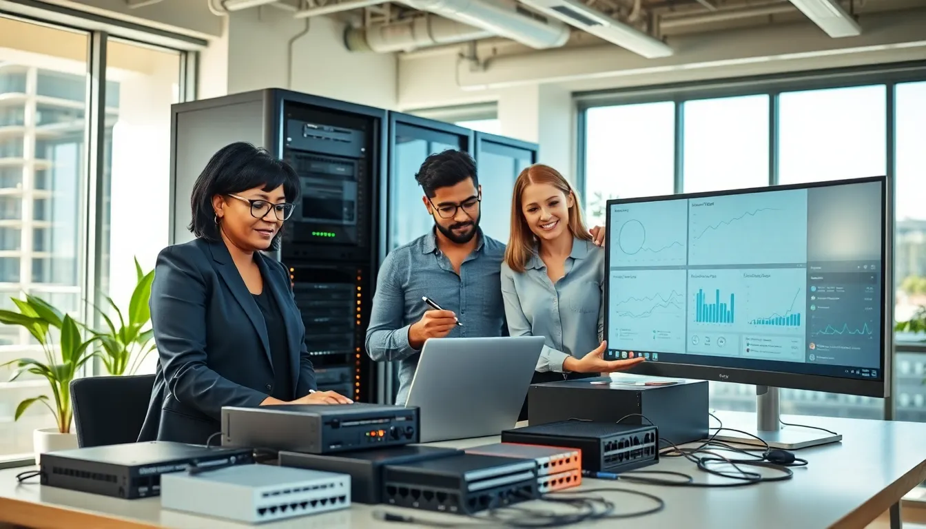 a diverse team discussing hardware needs in a modern office setting.