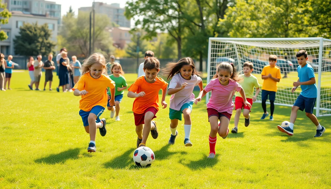 children playing football in a sunny urban park, showcasing community spirit.