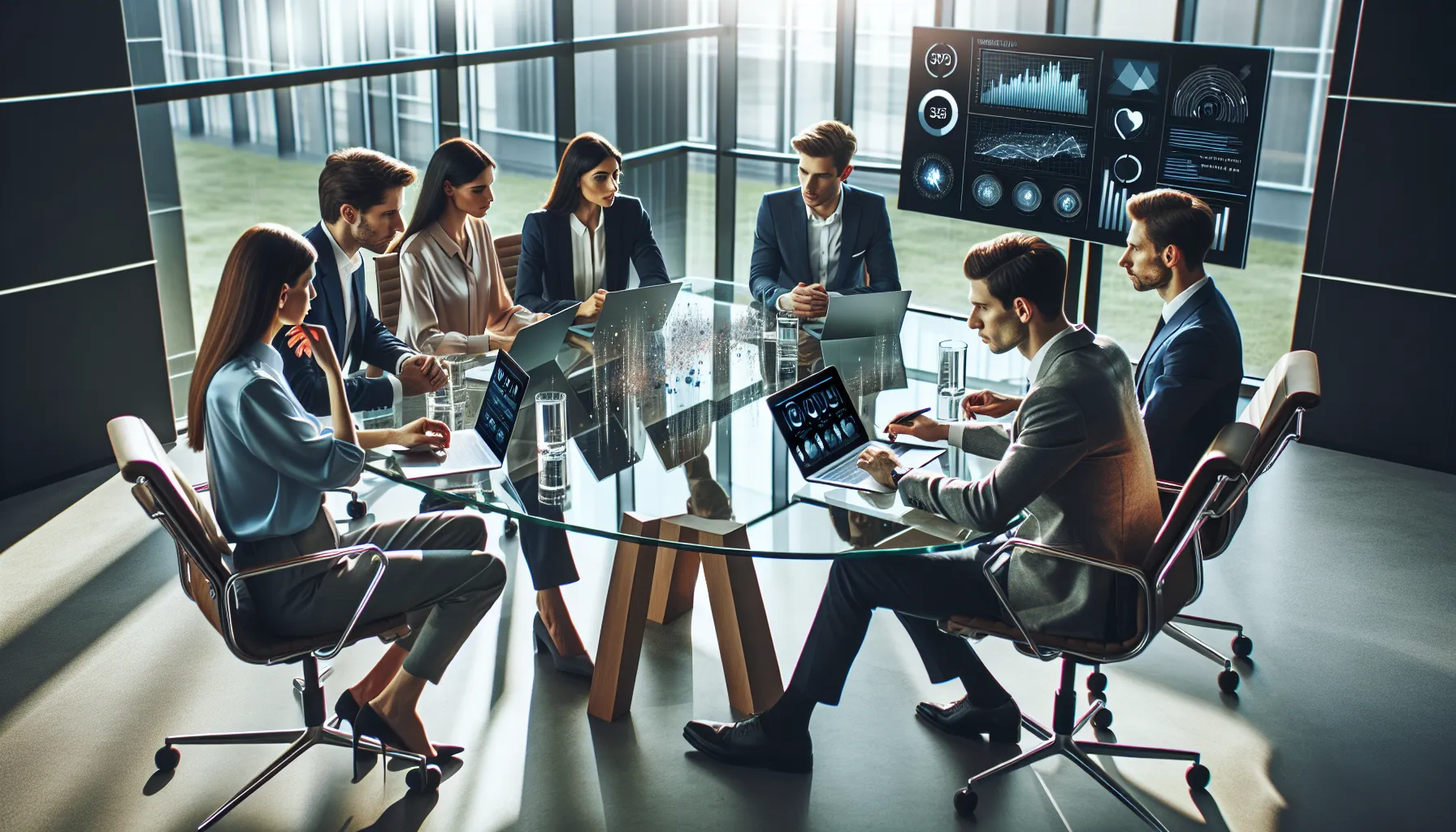 diverse team analyzing data in a modern office setting.