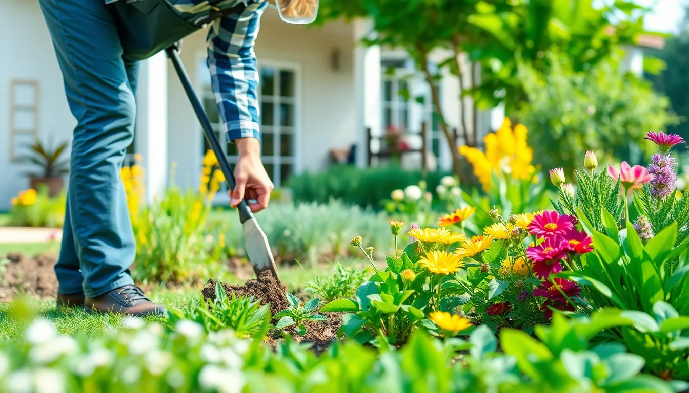 A gardener working in a colorful landscape design project.