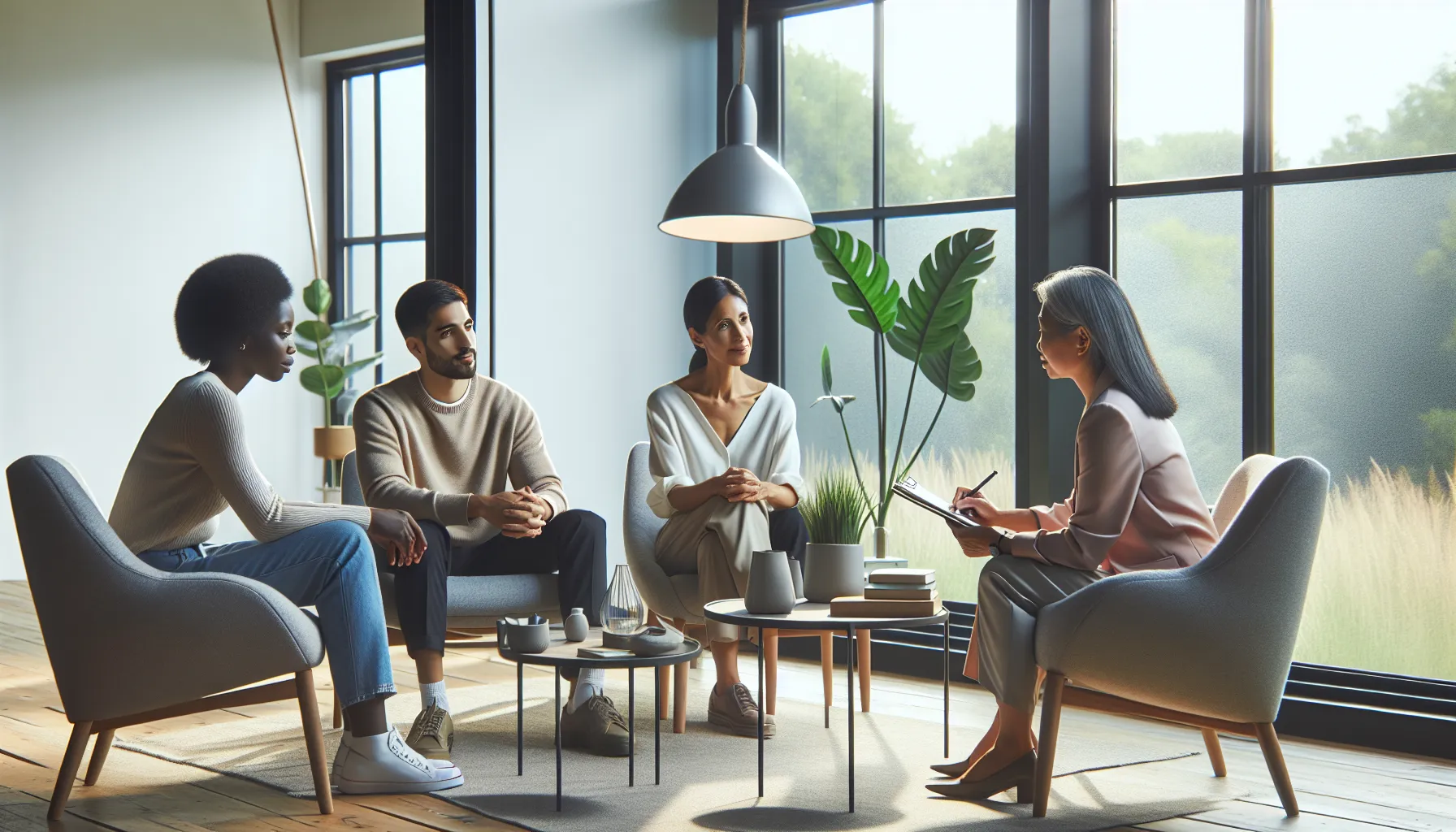 diverse group in a therapy session discussing coping strategies.