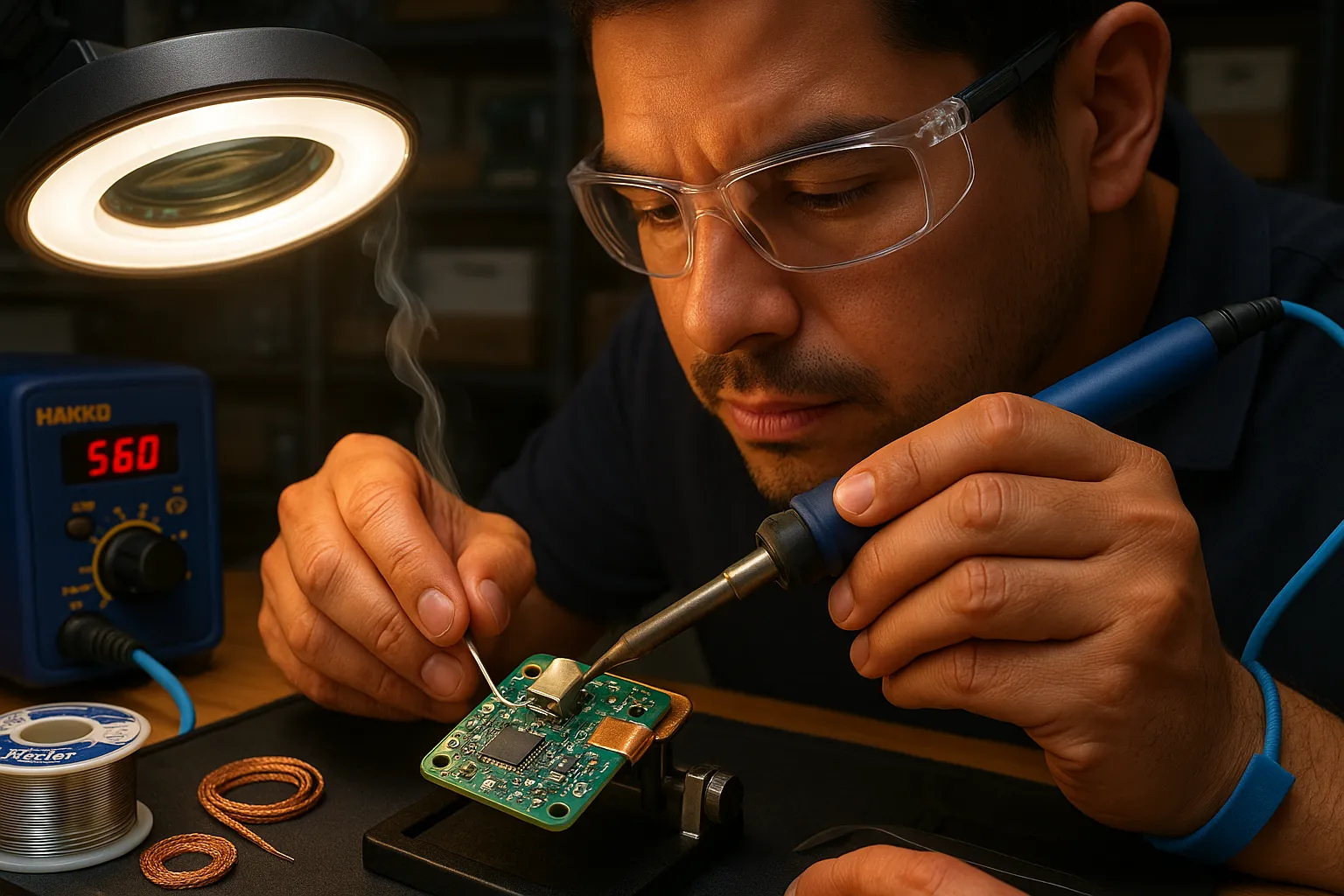 Technician soldering a micro-USB connector on a smart plug PCB at a workbench.