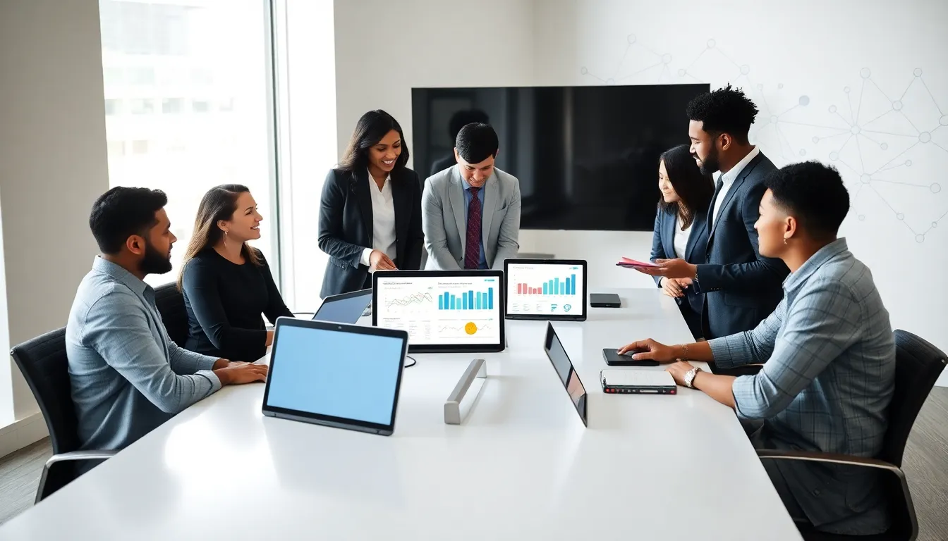 diverse team discussing community development software in a modern office.
