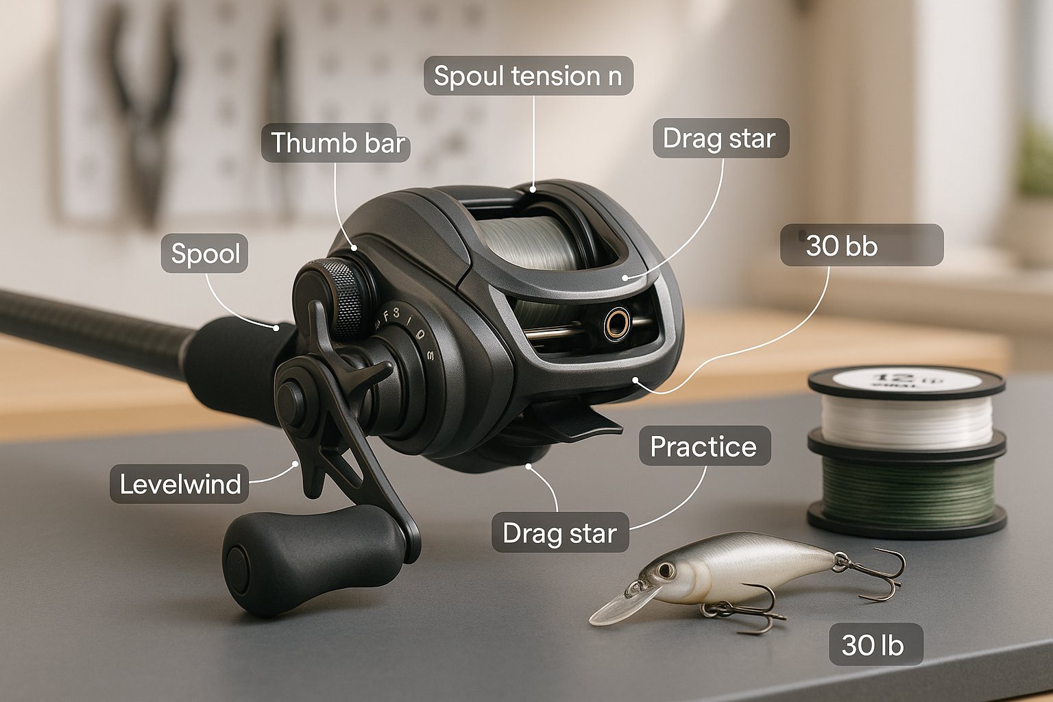 Close-up of a baitcasting reel with labeled parts and beginner setup gear.
