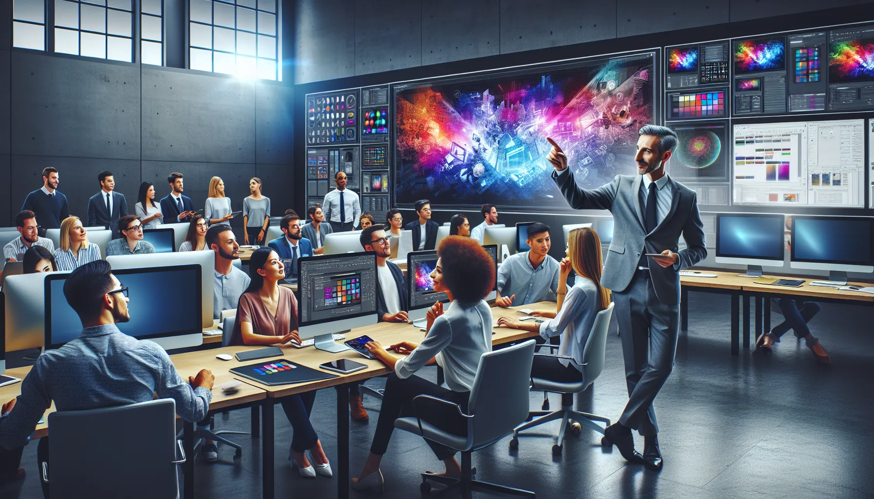 diverse team engaged in a Photoshop skills training session.