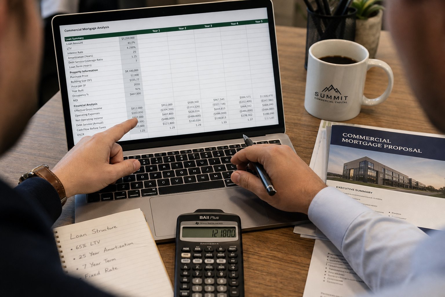 Close-up of hands reviewing commercial mortgage figures on a laptop with documents and calculator.