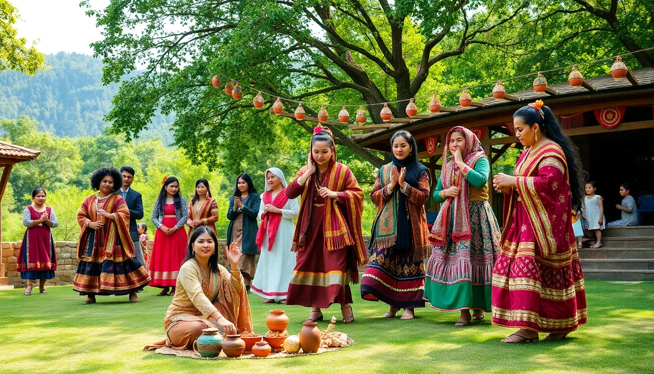 diverse group celebrating Shardavidian culture at a harvest festival.