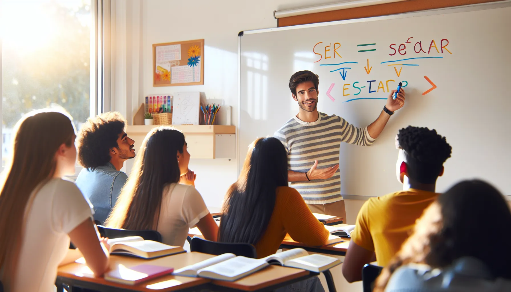 A teacher explaining Spanish grammar in a classroom.