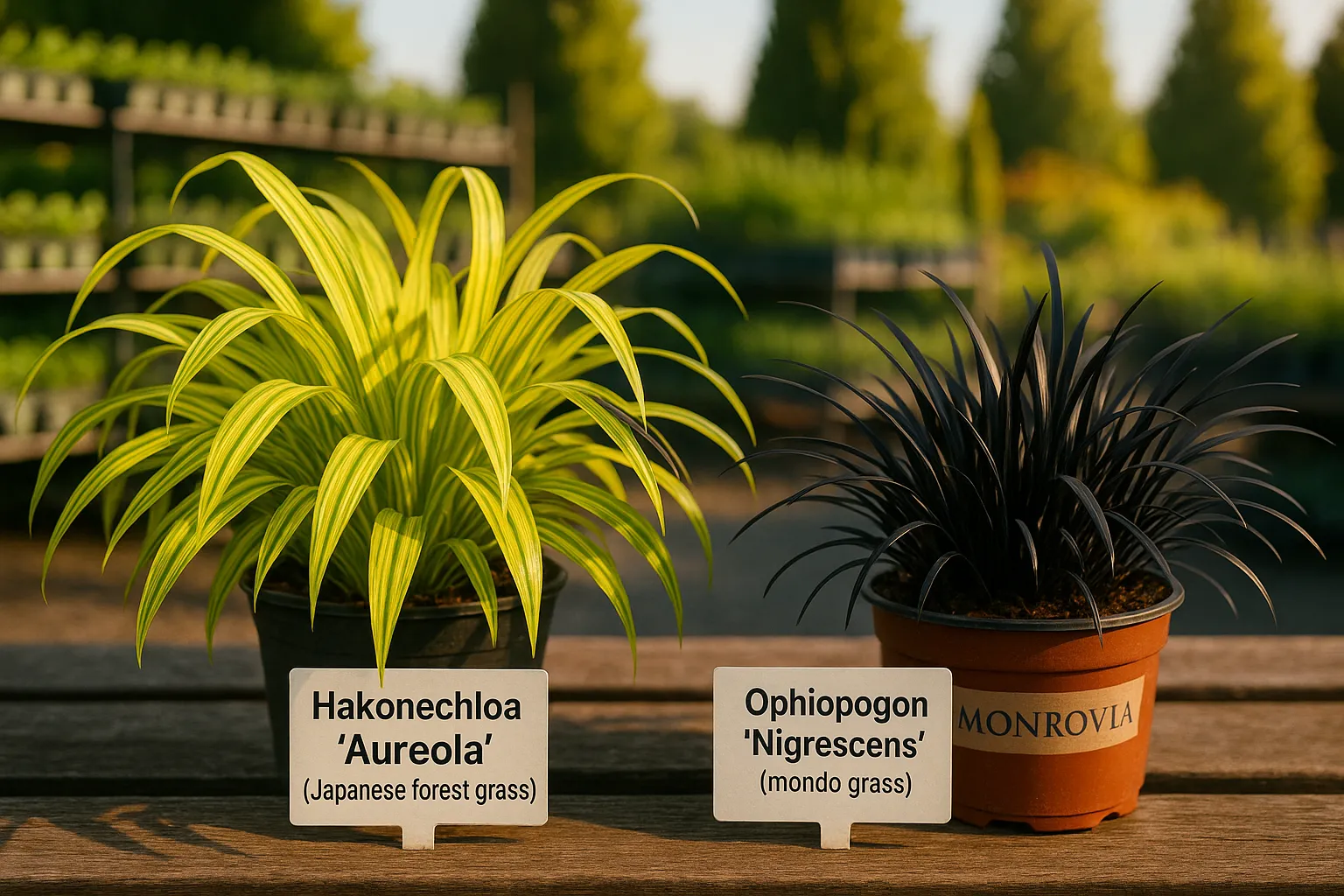 Side-by-side Hakonechloa ‘Aureola’ and Ophiopogon ‘Nigrescens’ at a nursery.