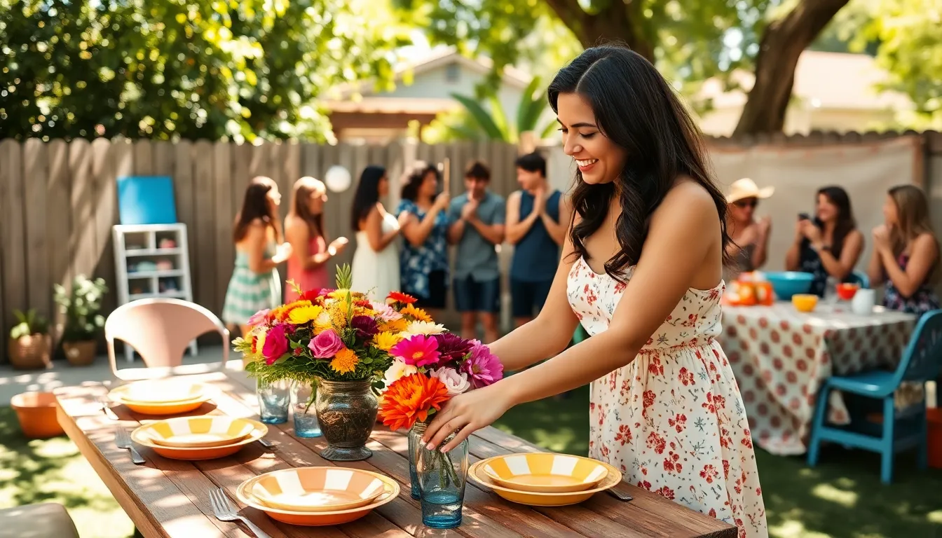 A woman setting up a budget-friendly outdoor party with thrifted decorations.
