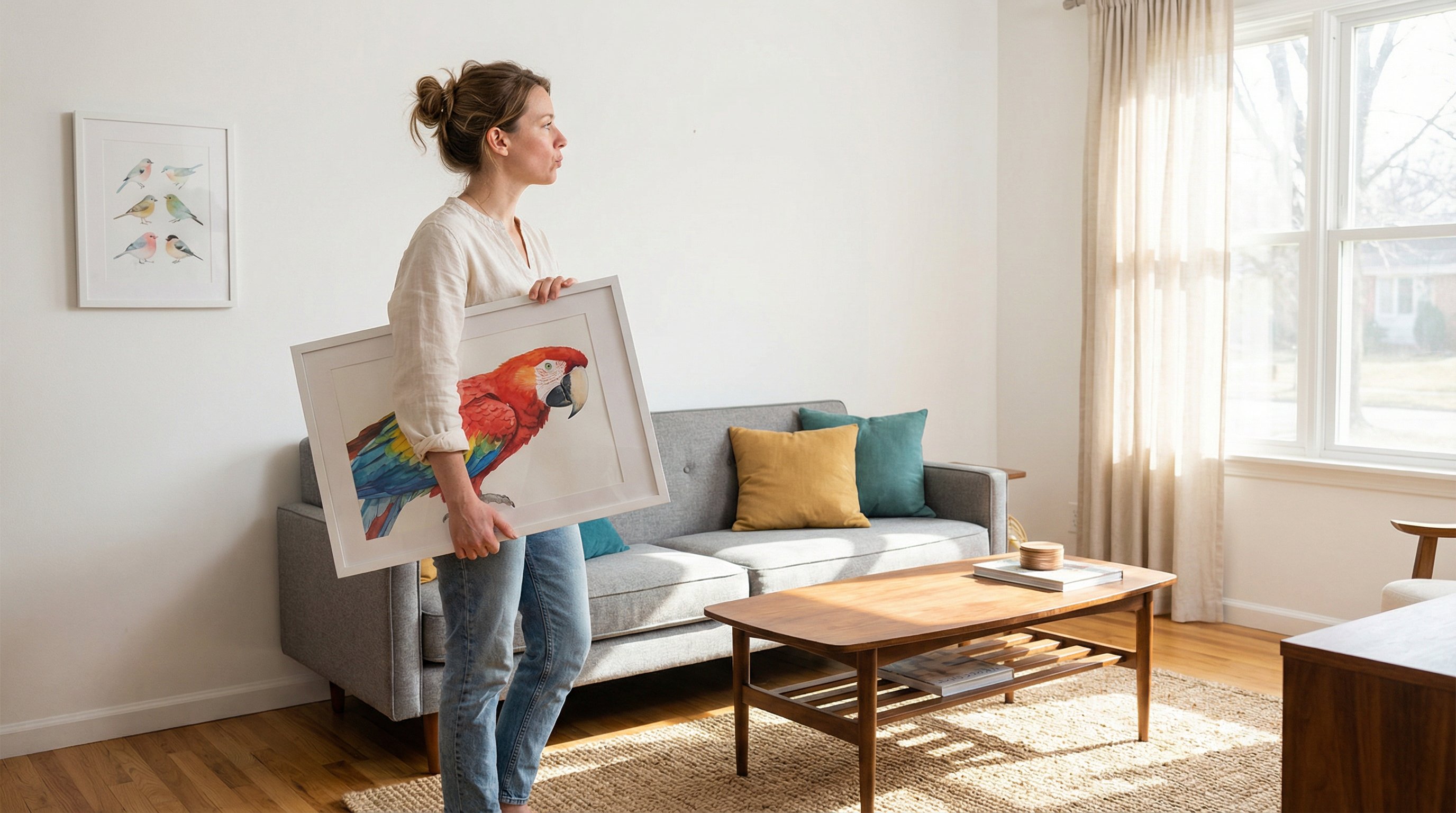 Woman choosing where to hang a colorful bird painting in her living room.
