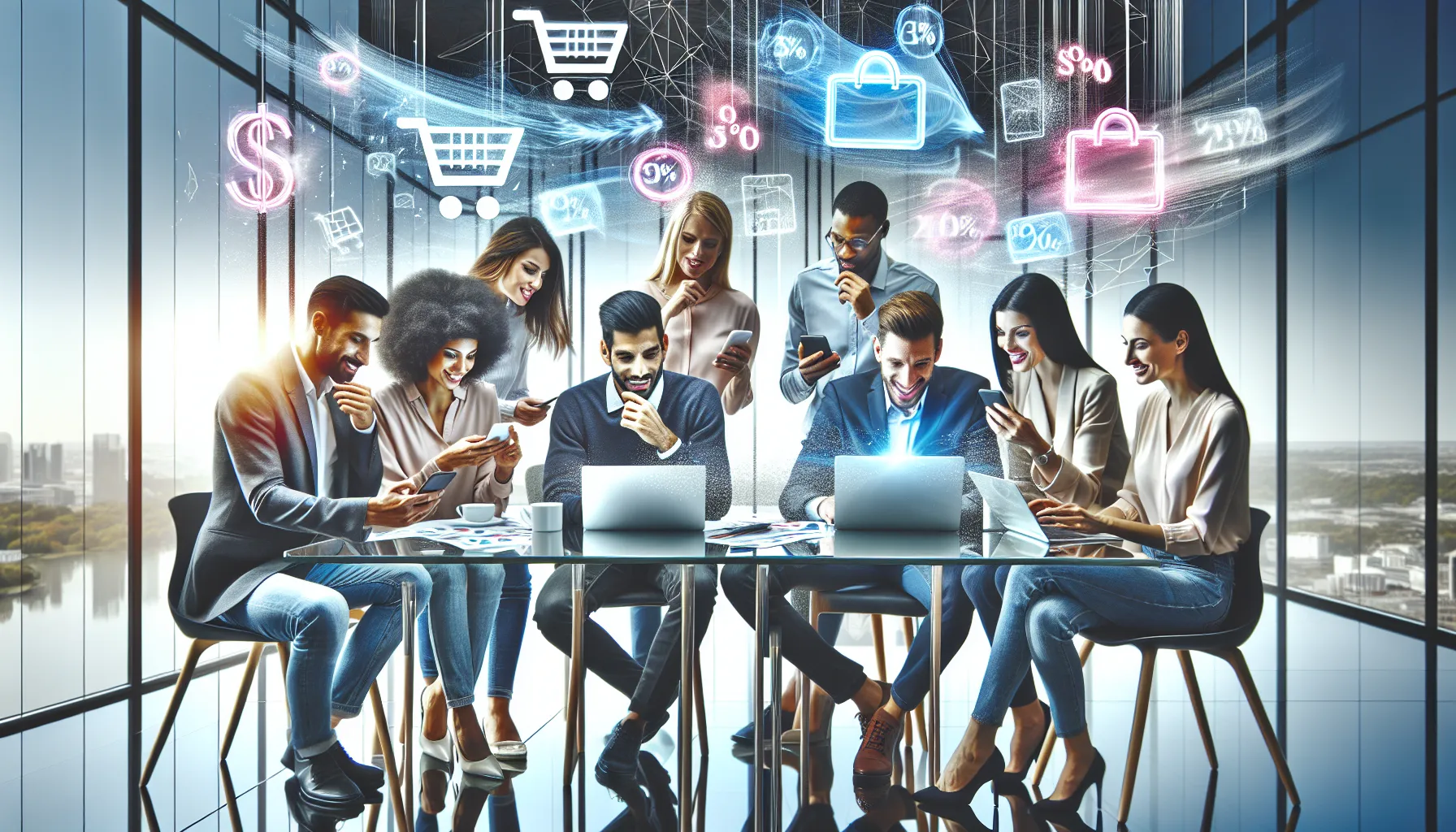 professionals discussing discount codes in a modern office.