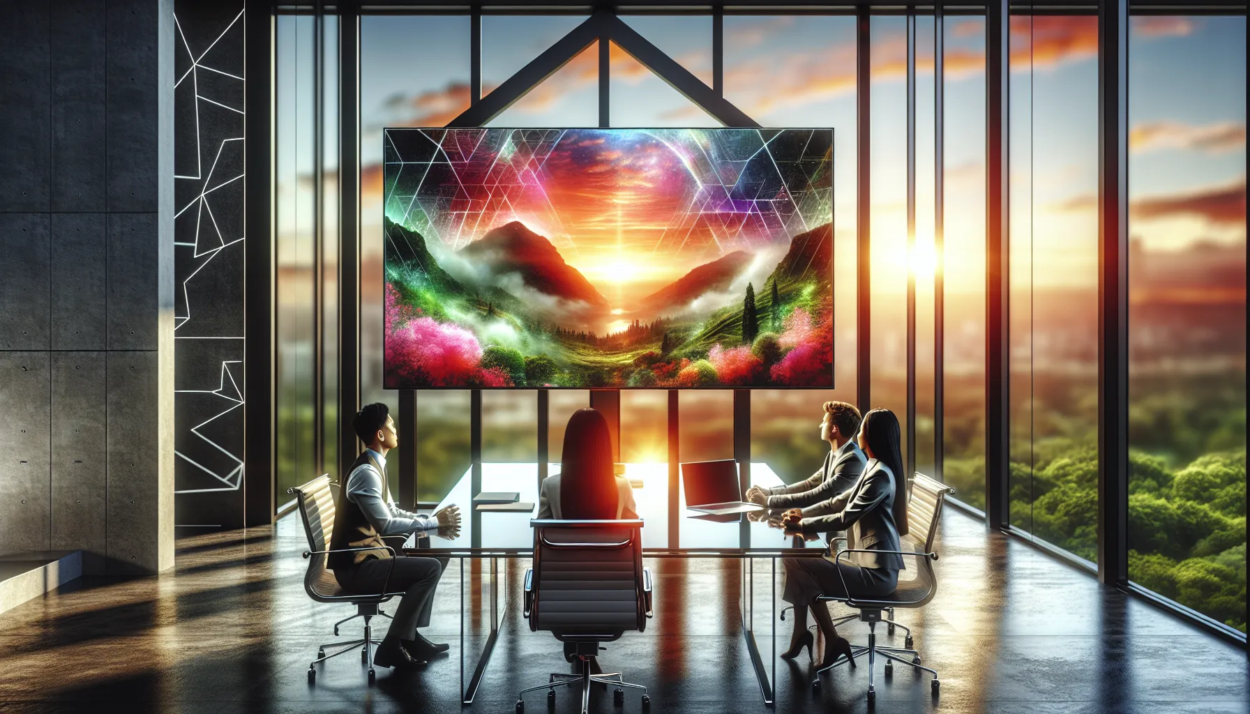 diverse professionals discussing in a modern office with an FHD IPS monitor.