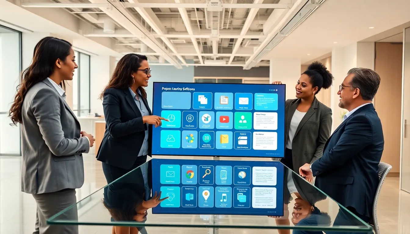 team discussing software applications in a modern office.