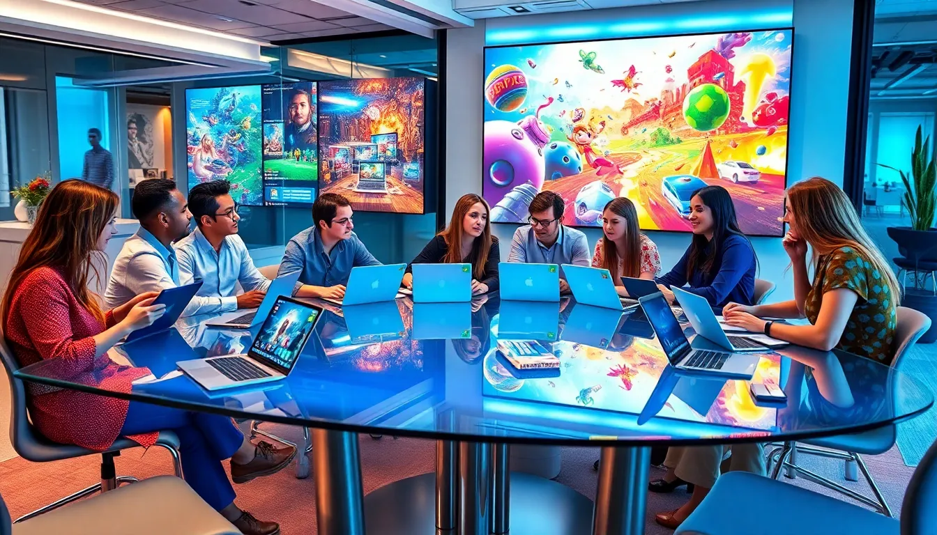 diverse professionals collaborating in a modern game development workspace.