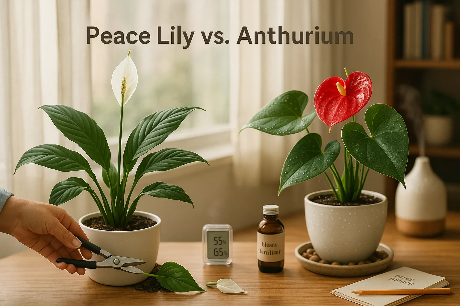 A person tending a blooming peace lily and glossy red anthurium on a windowsill.