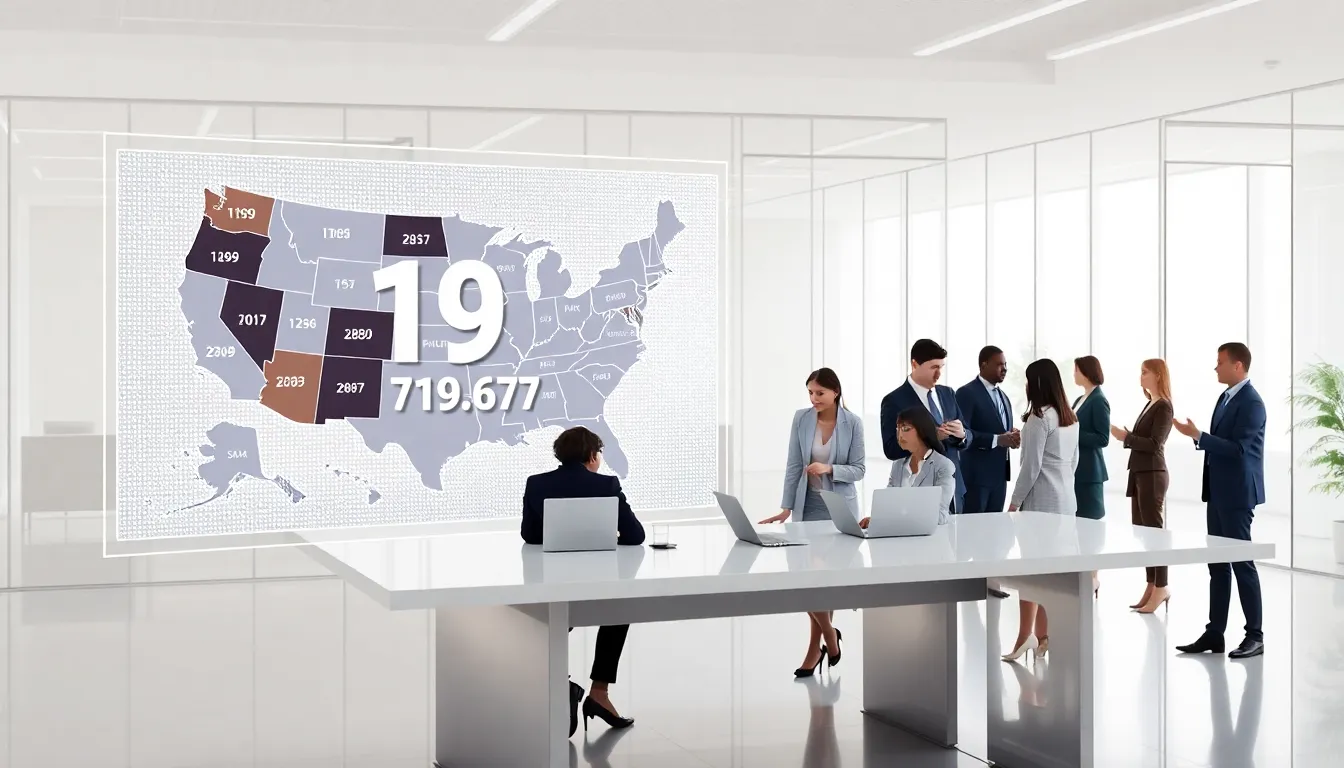 graphic illustrating area codes with diverse professionals in a modern office.